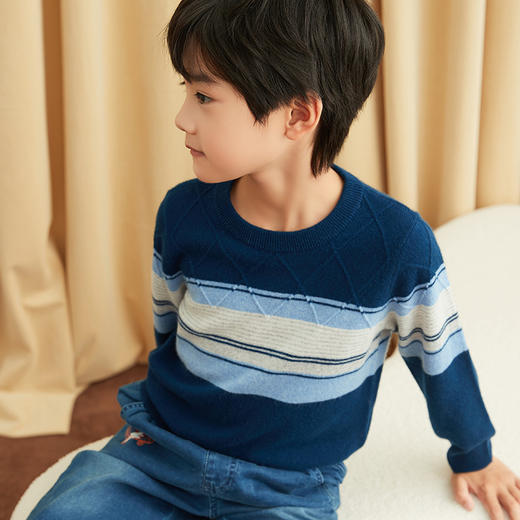 METTE羊绒世家童装中大童2020秋新款100%山羊绒衫男宝圆领保暖条纹毛衣 商品图1