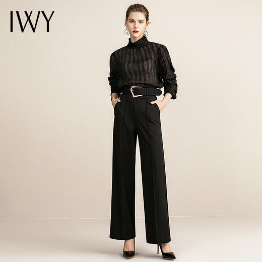 IWY/时尚黑色衬衫阔腿裤正装女长袖设计感修身干练休闲上班正装工作服 213146B1+P6 商品图2