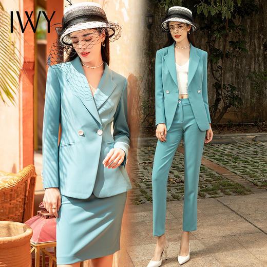 IWY/西装套装女蓝色修身气质休闲美容院工作服时尚高端职业装套裙 CS1310 商品图4