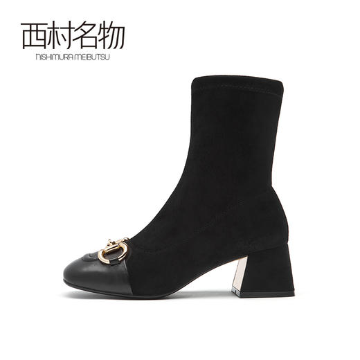 西村名物2021冬季新款高跟靴子黑色袜靴方头潮流时尚单靴女43471 商品图2