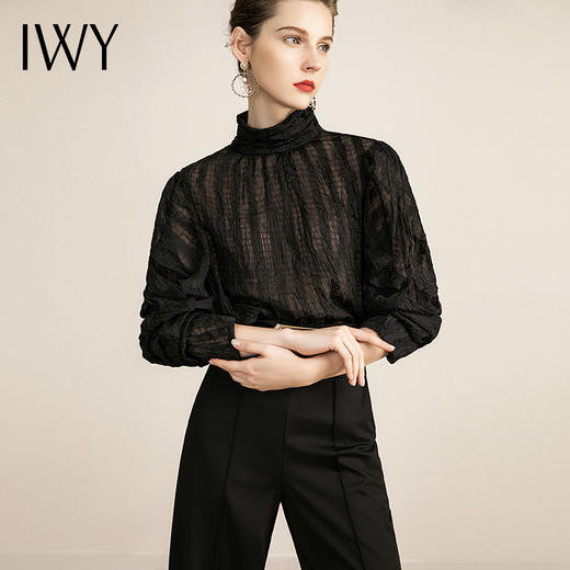 IWY/时尚黑色衬衫阔腿裤正装女长袖设计感修身干练休闲上班正装工作服 213146B1+P6 商品图0