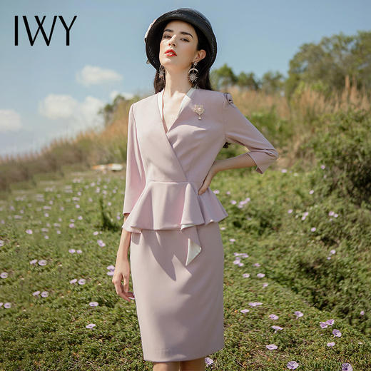 IWY/初紫色假两件西装连衣裙女气质时尚修身职业装女美容院工服 Q627 商品图0