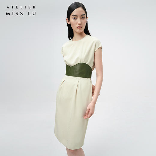 【白树沙林】轻褶设计浅米绿高腰落肩茧形连衣裙/0000729 商品图2