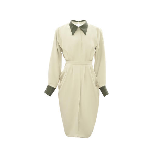 【温热落日】立裁垂褶设计浅米绿拼皮露背长袖连衣裙/0000747 商品图4