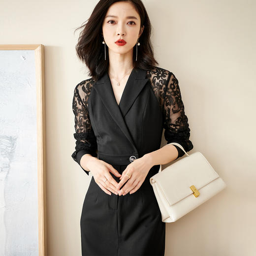 剩S 米思阳连衣裙新款知性优雅黑色刺绣蕾丝显瘦小众a字裙1565 商品图1