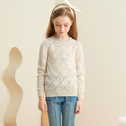 【女童镂空纯羊绒衫】羊绒世家童装21年秋冬新品女童圆领套头毛衣时尚镂空羊绒衫 商品图4