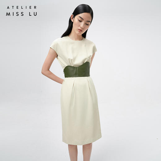 【白树沙林】轻褶设计浅米绿高腰落肩茧形连衣裙/0000729 商品图1