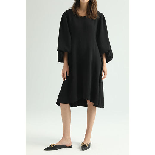 HeyDress复古黑色连衣裙女圆领宽松显瘦小黑裙七分灯笼袖裙子 商品图1