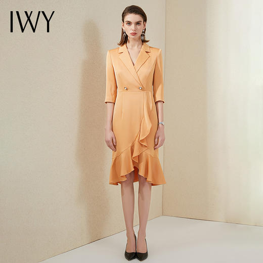 IWY/橘色西装连衣裙七分袖连衣裙V领高端时尚名媛修身气质鱼尾裙 213177Q1 商品图2