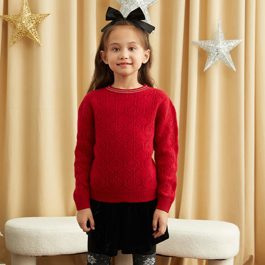 【女童镂空纯羊绒衫】羊绒世家童装21年秋冬新品女童圆领套头毛衣时尚镂空羊绒衫 商品图3
