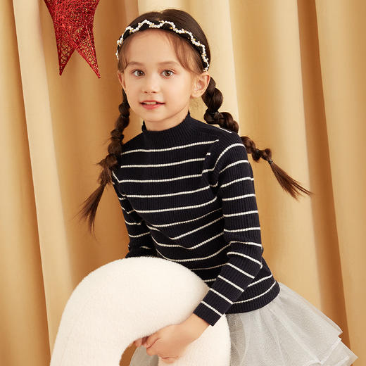 METTE羊绒世家女童中大童100%山羊绒衫时尚半高领坑条纹弹力保暖毛衣 商品图2