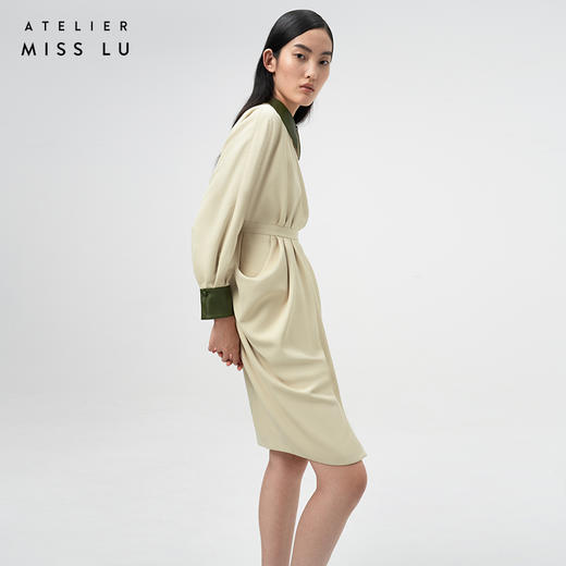 【温热落日】立裁垂褶设计浅米绿拼皮露背长袖连衣裙/0000747 商品图2