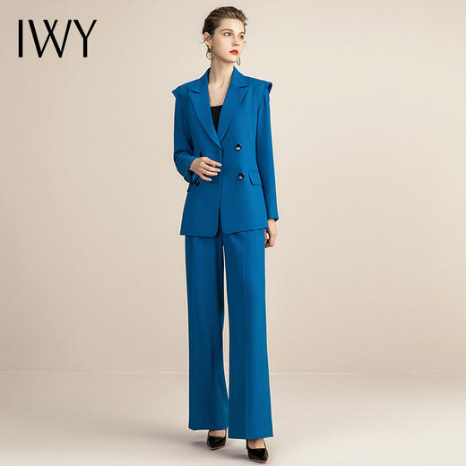 IWY/蓝色休闲时尚套装女阔腿裤职业装双排扣修身韩版西装工作服OL 213151C1+P6 商品图2