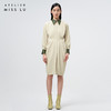 【温热落日】立裁垂褶设计浅米绿拼皮露背长袖连衣裙/0000747 商品缩略图0