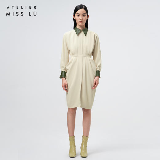 【温热落日】立裁垂褶设计浅米绿拼皮露背长袖连衣裙/0000747 商品图0