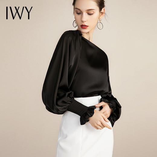 IWY/气质工作服通勤修身职业套装垂感衬衫女黑色丝光缎面长袖正装套裙 213162B1+213161S3 商品图1