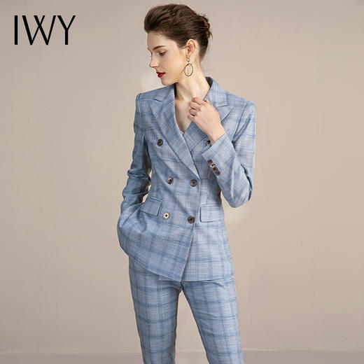 IWY/格纹长袖西装套装女时尚修身高端职业装气质女神范商务ol工作服 213123C1+P1 商品图1