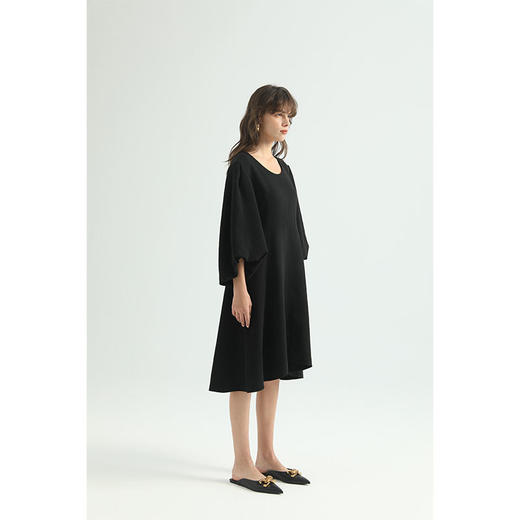 HeyDress复古黑色连衣裙女圆领宽松显瘦小黑裙七分灯笼袖裙子 商品图0