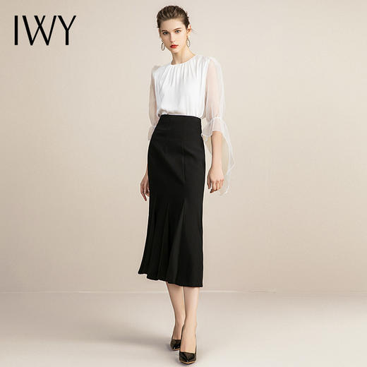 IWY/气质长袖拼接网纱衬衫套装女时尚名媛鱼尾裙套装女修身显瘦正装OL 213161B1+S3 商品图2