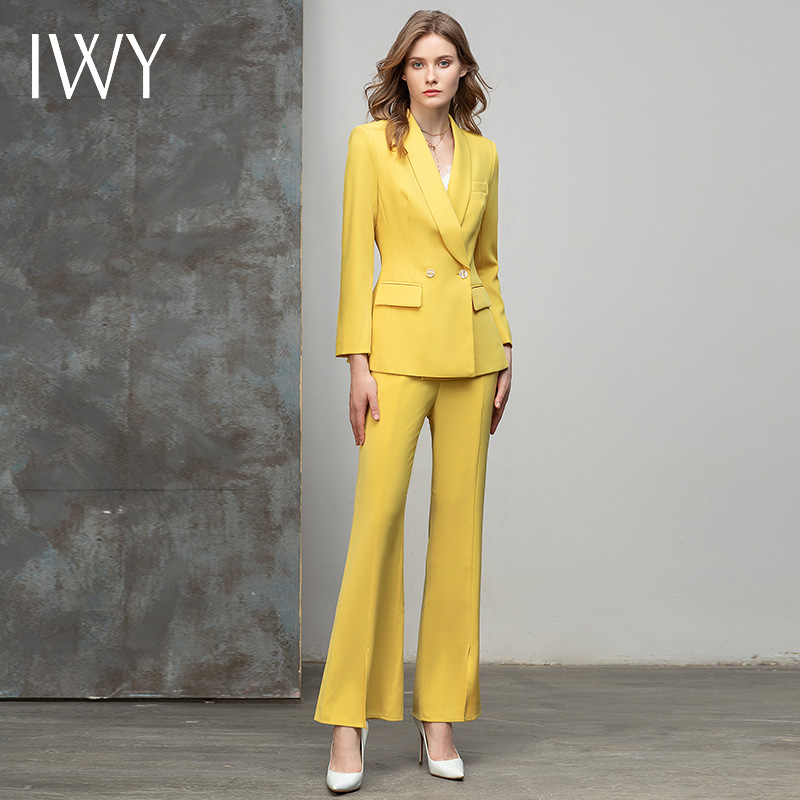 IWY/黄色长袖西装套装女高端气质时尚休闲阔腿裤职业西服通勤正装 C10386+P30226