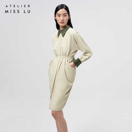 【温热落日】立裁垂褶设计浅米绿拼皮露背长袖连衣裙/0000747 商品图1