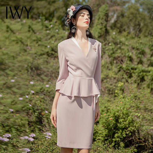 IWY/初紫色假两件西装连衣裙女气质时尚修身职业装女美容院工服 Q627 商品图2