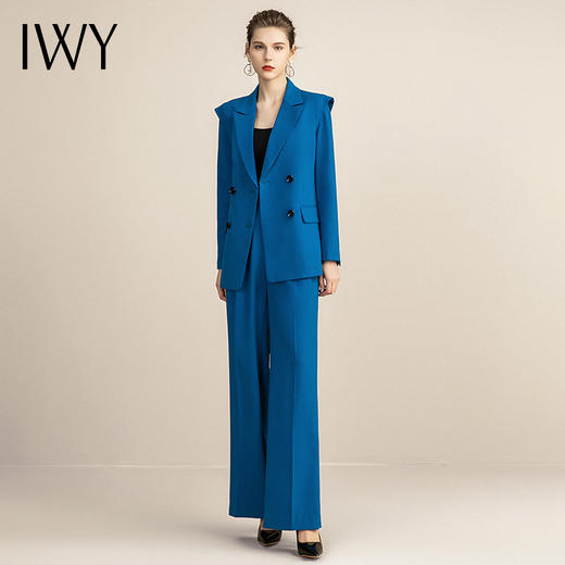 IWY/蓝色休闲时尚套装女阔腿裤职业装双排扣修身韩版西装工作服OL 213151C1+P6 商品图1