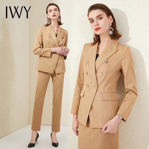 IWY/卡其色条纹西装外套练修身职业装套装通勤商务正装工作服 201020C1P1S1 商品图4