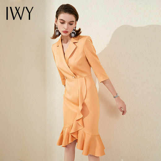 IWY/橘色西装连衣裙七分袖连衣裙V领高端时尚名媛修身气质鱼尾裙 213177Q1 商品图1