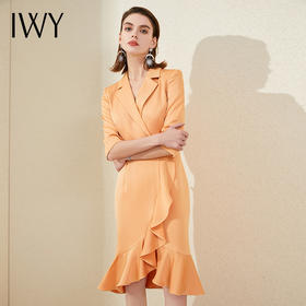 IWY/橘色西装连衣裙七分袖连衣裙V领高端时尚名媛修身气质鱼尾裙 213177Q1