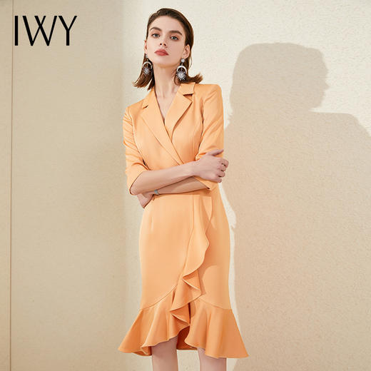 IWY/橘色西装连衣裙七分袖连衣裙V领高端时尚名媛修身气质鱼尾裙 213177Q1 商品图0