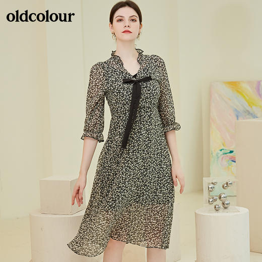 oldcolour春秋季商场同款气质碎花蝴蝶结连衣裙N31103106 商品图3