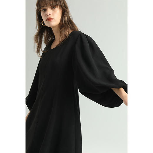 HeyDress复古黑色连衣裙女圆领宽松显瘦小黑裙七分灯笼袖裙子 商品图2