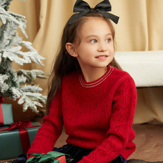 【女童镂空纯羊绒衫】羊绒世家童装21年秋冬新品女童圆领套头毛衣时尚镂空羊绒衫 商品图1