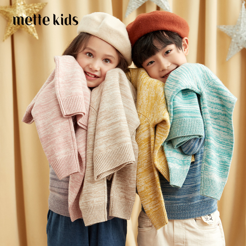 METTE羊绒世家童装中大童半高领100%羊绒衫20秋双色混纱保暖毛衣