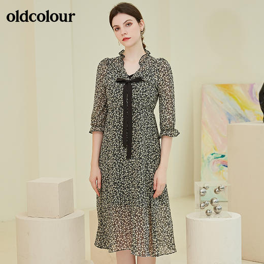 oldcolour春秋季商场同款气质碎花蝴蝶结连衣裙N31103106 商品图0