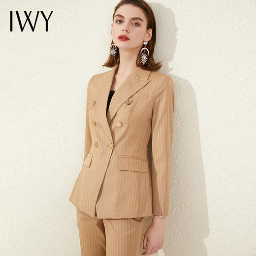 IWY/卡其色条纹西装外套练修身职业装套装通勤商务正装工作服 201020C1P1S1 商品图0