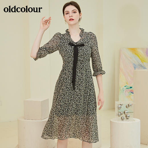 oldcolour春秋季商场同款气质碎花蝴蝶结连衣裙N31103106 商品图4