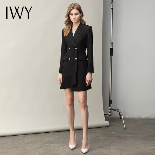 IWY/黑色职业连衣裙工装双排扣西装式裙子气质女神范高端售楼部工作服 Q10359 商品图2