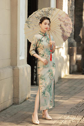 ZA555新款复古优雅气质修身改良立领侧八扣长款印花旗袍