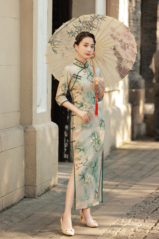 ZA555新款复古优雅气质修身改良立领侧八扣长款印花旗袍 商品图0