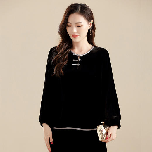 上海旗袍厂AYK-QF-210722净色真丝丝绒宽松圆领长袖上衣女+长裤女2021复古新款女装套装女 商品图2