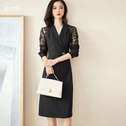 剩S 米思阳连衣裙新款知性优雅黑色刺绣蕾丝显瘦小众a字裙1565 商品图0