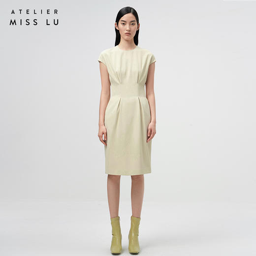 【白树沙林】轻褶设计浅米绿高腰落肩茧形连衣裙/0000729 商品图0
