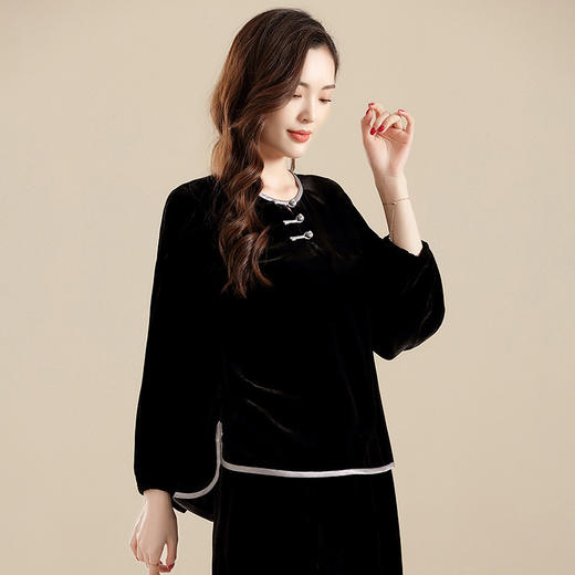 上海旗袍厂AYK-QF-210722净色真丝丝绒宽松圆领长袖上衣女+长裤女2021复古新款女装套装女 商品图0