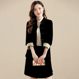 上海旗袍厂AYK-QF-210721真丝丝绒上衣复古九分袖小外套+真丝丝绒短裤2021秋冬两件套装女