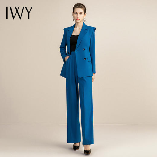 IWY/蓝色休闲时尚套装女阔腿裤职业装双排扣修身韩版西装工作服OL 213151C1+P6 商品图0