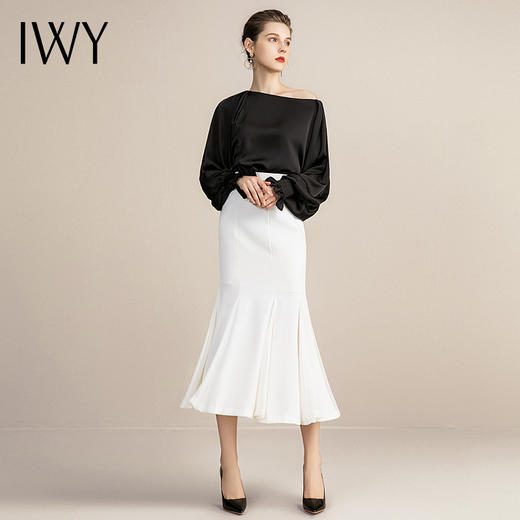 IWY/气质工作服通勤修身职业套装垂感衬衫女黑色丝光缎面长袖正装套裙 213162B1+213161S3 商品图2
