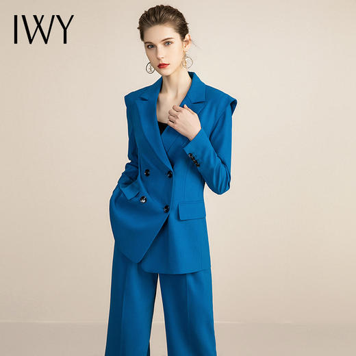 IWY/蓝色休闲时尚套装女阔腿裤职业装双排扣修身韩版西装工作服OL 213151C1+P6 商品图4