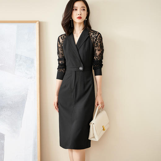 剩S 米思阳连衣裙新款知性优雅黑色刺绣蕾丝显瘦小众a字裙1565 商品图2